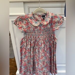 QE Girls' Red Floral Smocked Peter Pan Dress